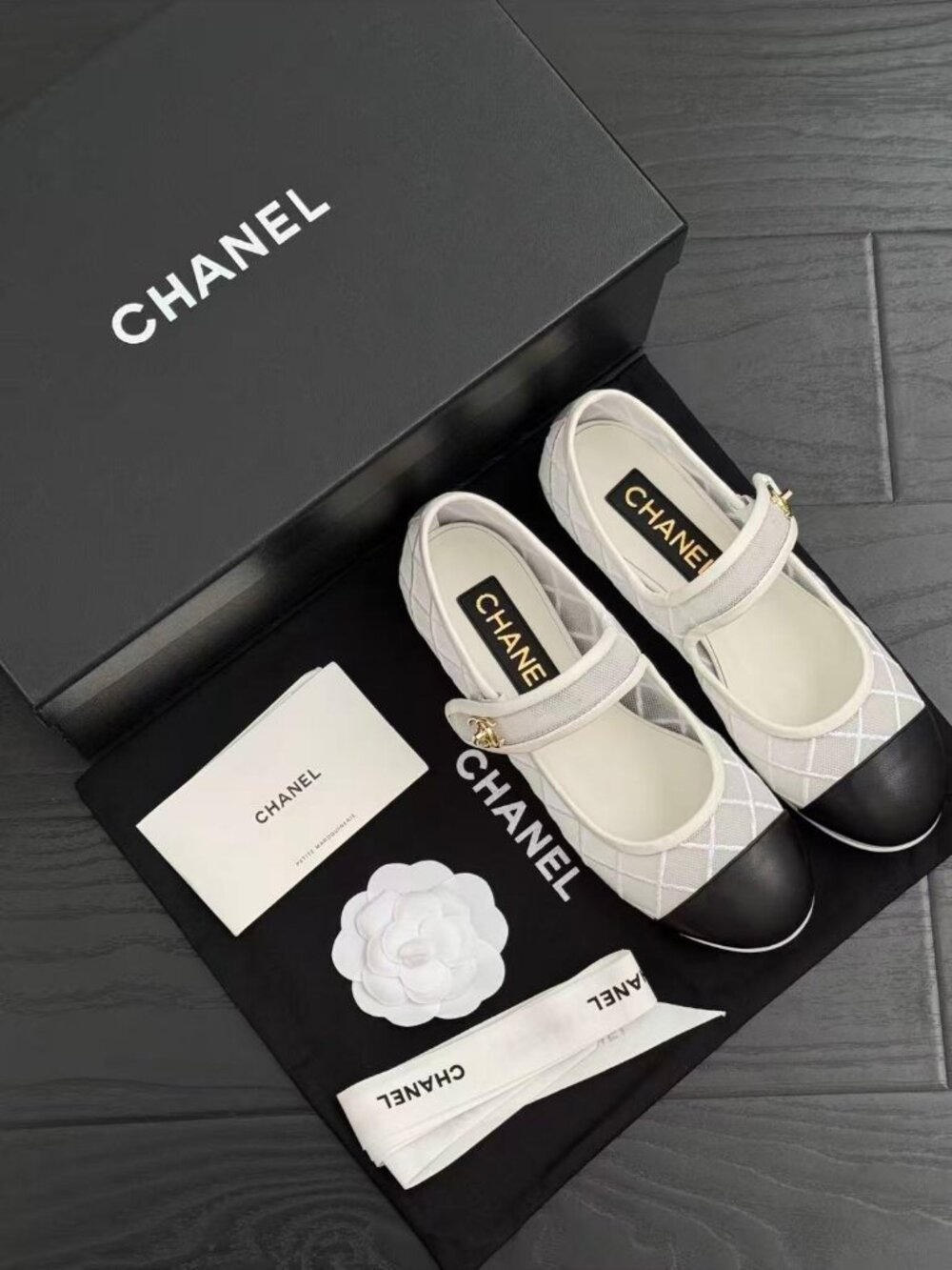 Chanel Mesh Quilted Mary Jane Flats Black Cap Toe Gold CC Turnlock Complete Set